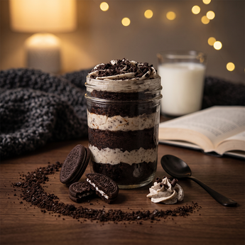Cookies and cream cupcake jar layered with chocolate cake, vanilla buttercream and crushed sandwich cookies