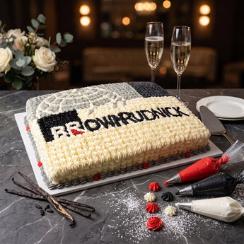 Corporate Logo Cake, a buttercream sheet cake hand-piped with a company logo