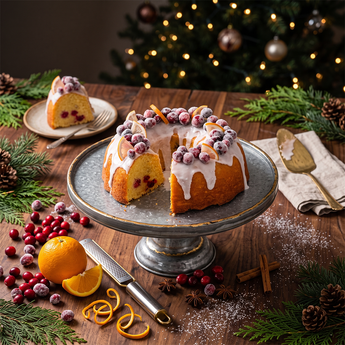 Cranberry Orange Cake bundt with white glaze and sugared cranberries on a holiday table