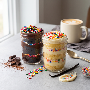 Two layered cupcake jars with chocolate and vanilla cake, frosting and sprinkles, styled on a kitchen counter with a coffee cup