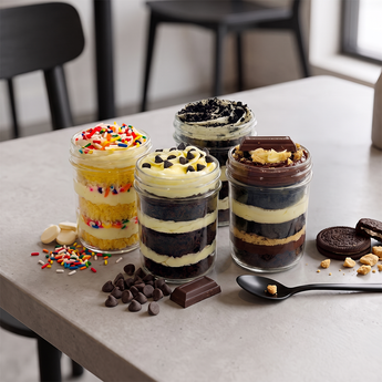 Four assorted layered cupcake jars with vanilla and chocolate cake and sprinkles, styled on a table with spoons