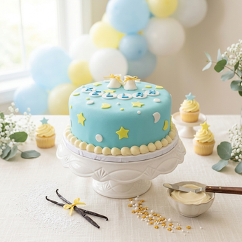 Custom Baby Name Cake: fondant cake with baby booties, stars, moons and a hand-lettered name