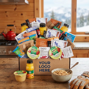 Deluxe breakfast snack box with juice, oatmeal, cocoa and tea on a ski chalet kitchen counter
