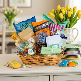 Deluxe Easter Gift Basket, a woven basket of Late July chips, Popcorners, candy and decorated Easter cookies, on a sideboard with yellow tulips