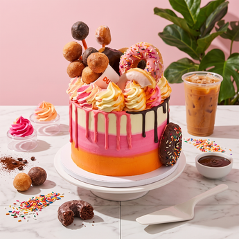 Donut Lover's Cake: buttercream cake with pink and chocolate ganache drips topped with donuts and donut holes