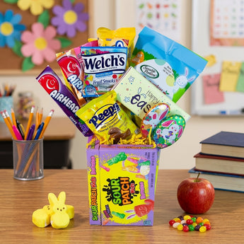 Easter Candy Bouquet, a purple box packed with Peeps, Welch's, Airheads, Sour Patch Kids and Easter candy, on a teacher's desk