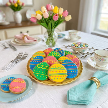 Easter Decorated Sugar Cookies, hand decorated egg shaped sugar cookies on a gold platter, on an Easter dinner table with tulips