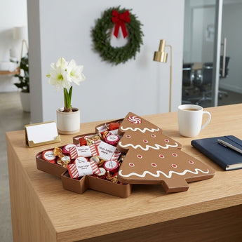 Festive Candy Tree gift box with custom logo chocolates and mints on an office reception desk, shown with sample logo labels