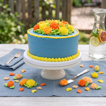 Floral Crown Cake: smooth buttercream cake with a ring of hand-piped roses around the top