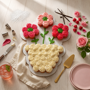 Flower Pot Cupcake Cake: 46 mini cupcakes piped as a white flower pot with pink buttercream blossoms and green leaves