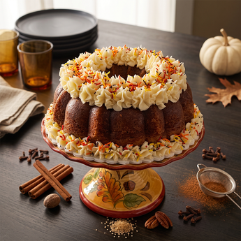 Frosted Pumpkin Chocolate Chip Cake: spiced pumpkin bundt cake with chocolate chips and a frosted top