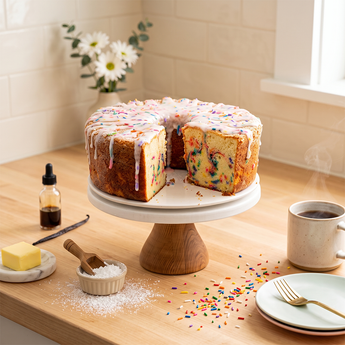 Funfetti Cake: vanilla bundt cake with rainbow sprinkles, vanilla glaze and extra sprinkles on top