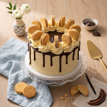 Golden Oreo Ganache Cake: vanilla buttercream cake with chocolate ganache drizzle and Golden Oreo cookies