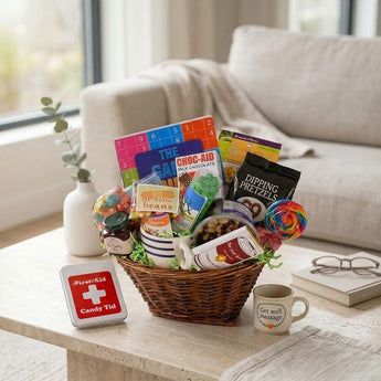 Gourmet Get Well Gift Basket Regular size: a smaller brown wicker basket with green crinkle, filled with get well treats including a First Aid candy tin, Dipping Pretzels, a swirl lollipop and a candy jar, styled on a pale wood coffee table in a bright living room with a cream linen sofa and a soft throw