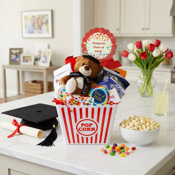 Graduation congratulations gift in a red striped popcorn bucket with a teddy bear in a grad cap, a Class of 2026 lollipop and Jelly Belly, on a kitchen island with a cap and diploma