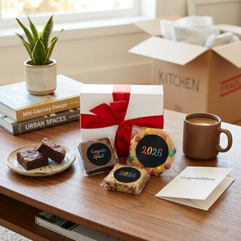 Graduation cookies and brownies with Congrats Grad and 2026 stickers beside a white gift box tied in red ribbon, on a walnut coffee table in a new apartment