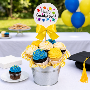 Happy Graduation Cupcake Bouquet at an outdoor graduation party | Boston Gift Baskets