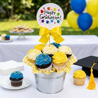Graduation cupcake bouquet with blue and yellow buttercream swirls and a Happy Graduation topper in a galvanized pail, on an outdoor dessert table with blue and yellow balloons