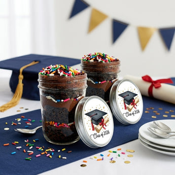 Graduation cupcake jars layered with chocolate cake and rainbow jimmies with Class of 2026 lids, styled on a navy and gold party table with a graduation cap and diploma