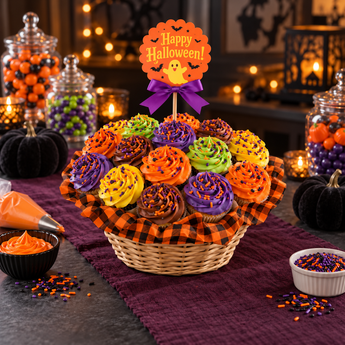 Halloween Basket Cupcake Bouquet of 19 cupcakes domed in a round wicker basket, orange, purple, green, yellow and chocolate buttercream swirls with Halloween sprinkles, a buffalo check ruffle and a Happy Halloween ghost topper, on a party table with candy jars and black pumpkins