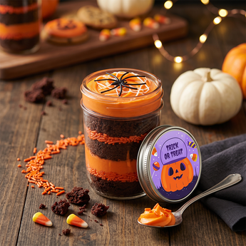 Halloween spider cupcake jar with orange frosting and a Trick or Treat lid, styled on a rustic wood table with a white pumpkin, warm string lights and candy corn