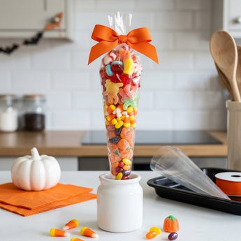 Halloween sweets candy cone layered with candy corn, gummies and jelly beans, tied with an orange bow on a kitchen counter