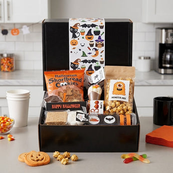 Halloween Treats Gift Box open on an office break room counter with shortbread cookies, monster mix and gummy worms