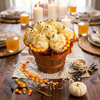 Harvest Chick Cupcake Bouquet with coconut cupcakes, candy corn and chick details in a wooden bushel basket