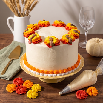 Harvest Turkey Cake: vanilla buttercream cake decorated with hand-piped turkeys in autumn colors