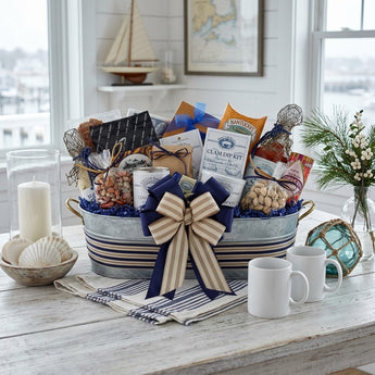 Holiday by the Sea gift basket in a galvanized tub with clam dip kit, chowder, nuts and crackers on a whitewashed coastal table