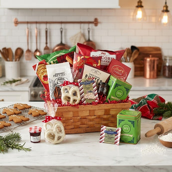 Holiday Cheer Christmas gift basket in a woven wood basket with pretzels, peppermint bark and tea on a marble kitchen island