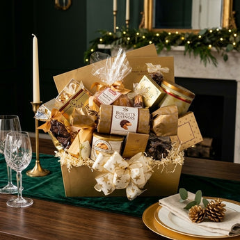 Holiday Extravaganza gold gift box with cake and chocolates on an emerald velvet runner at a holiday dinner table