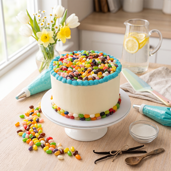 Jelly Bean Candy Cake: frosted vanilla cake topped with colorful jelly beans