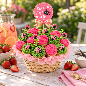 Ladybug Blossoms Cupcake Bouquet of 19 cupcakes domed in a round wicker basket, hot pink buttercream swirls and green grass cupcakes with fondant ladybugs and ladybug picks, a Sweet as a Bug topper, on a garden table with strawberries and lemonade