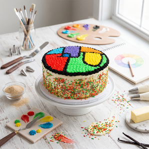 Custom Logo Cake with a colorful hand-piped buttercream logo and sprinkle sides