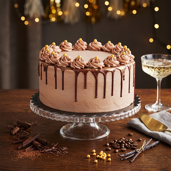 Mocha Cake with mocha frosting and chocolate drip on a glass cake stand
