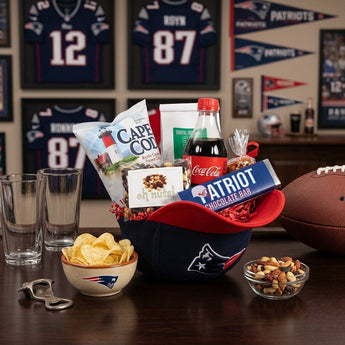 New England Patriots Gift, a Patriots cap filled with Cape Cod chips, a Patriot chocolate bar, Coca-Cola and mixed nuts, on a bar top in a basement den