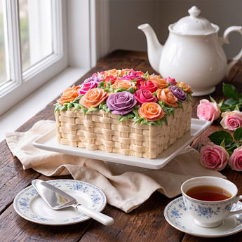 Pastel Basketweave Cake with hand-piped buttercream basketweave and pastel roses on a tea table