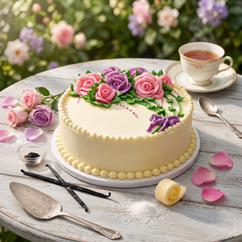 Pastel Petals Cake with hand-piped pastel buttercream roses on a garden table