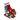 Red Christmas stocking with a white cuff printed with a name, filled with candy, chocolates, snacks and a decorated holiday cookie on a white background