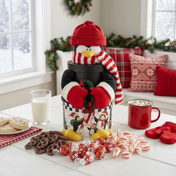 Plush Penguin holiday gift box tower with chocolate pretzels, red foil truffles and peppermint puffs on a farmhouse kitchen table