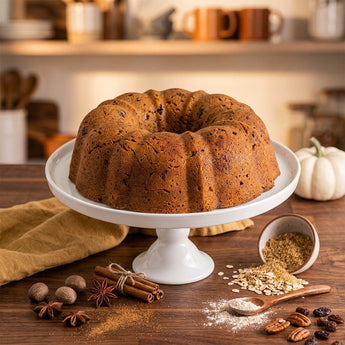 Pumpkin Chocolate Chip Bundt Cake on a cake stand with fall spices