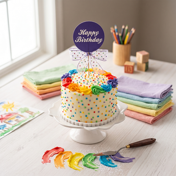 Rainbow Cake with buttercream, rainbow piping and a Happy Birthday topper