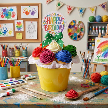 Rainbow Cupcake Bouquet with seven cupcakes piped in bright rainbow buttercream