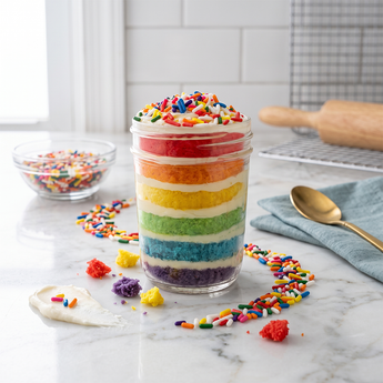 Rainbow layered cupcake jar with vanilla buttercream and rainbow sprinkles, styled on a bright counter with candy