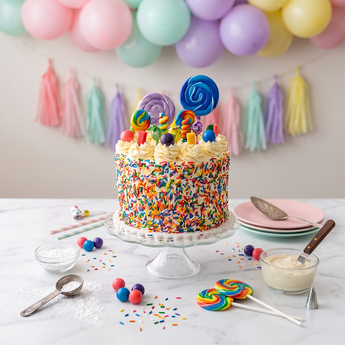 Rainbow Sprinkles Candy Cake covered in sprinkles and topped with lollipops and candies