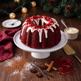 Red Velvet Bundt Cake with cream cheese frosting on a cake stand