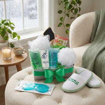 Rest and relaxation spa gift box with personalized slippers, eye mask and body care on a tufted ottoman