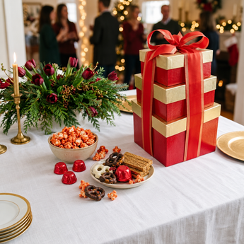 Royal Tower of Treats gift boxes on a holiday party table | Boston Gift Baskets