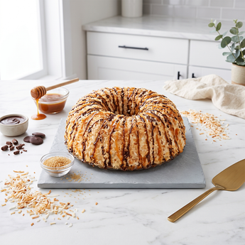Samoa Bundt Cake with caramel, toasted coconut and chocolate drizzle
